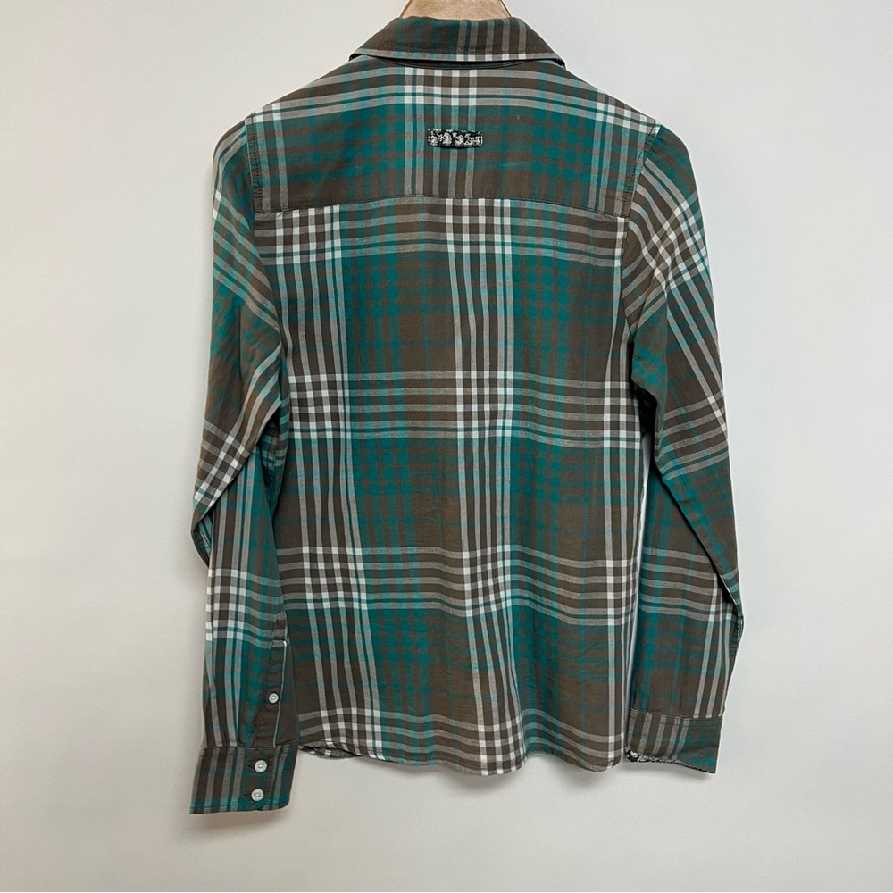 Aventura 100% Organic Cotton Button Down Shirt Turquoise Plaid Hiking Outdoors L - Picture 8 of 9